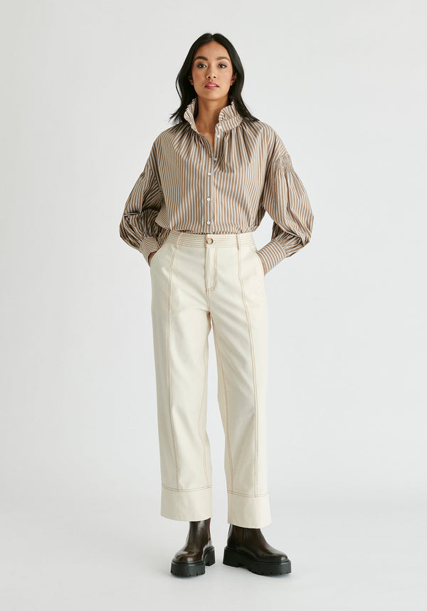 Chino Trousers with Contrast Stitching in Cream Front